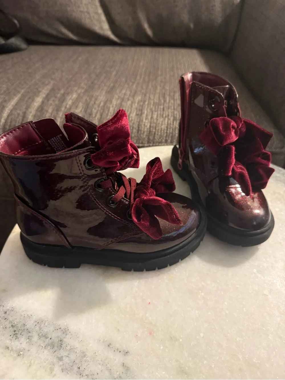 Cat & Jack Burgundy Patent Lace-Up Boots with Velvet Bows